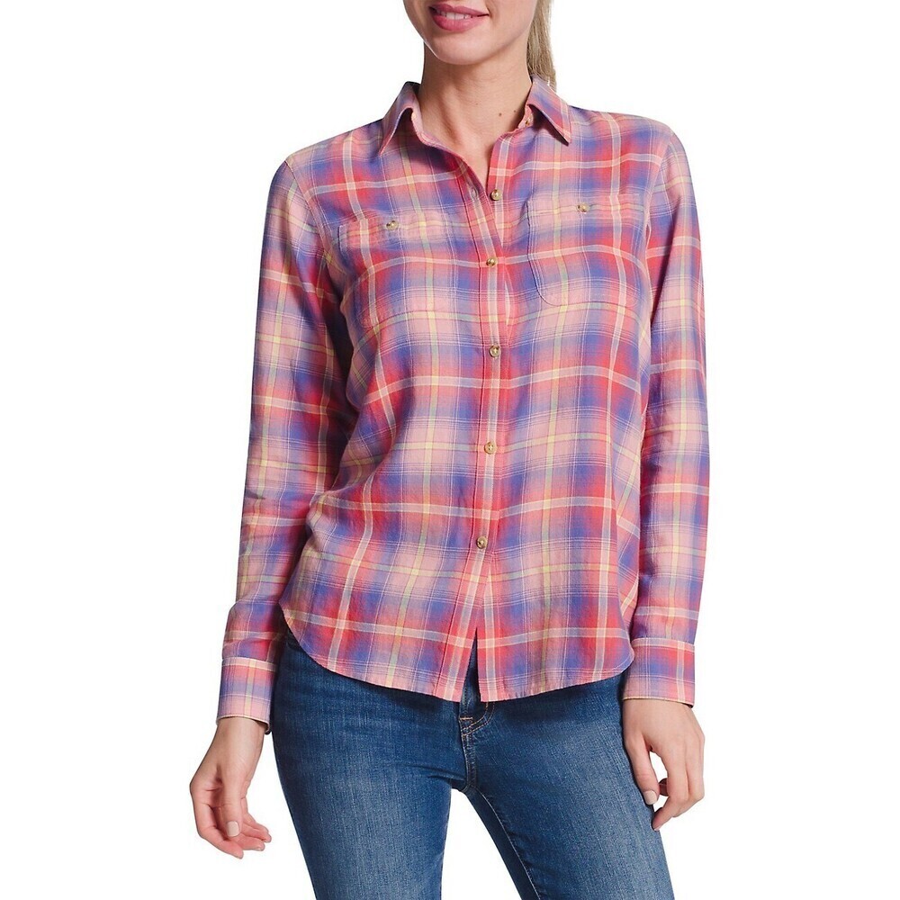 Chaps Long-Sleeve Button-Front Plaid Cotton Shirt Pink Multi Size L NWT